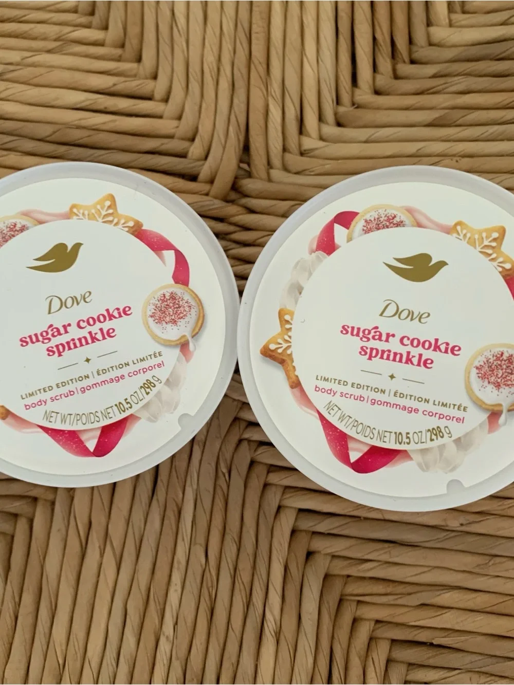Two 10.5 oz Dove limited edition sugar cookie sprinkle body scrub